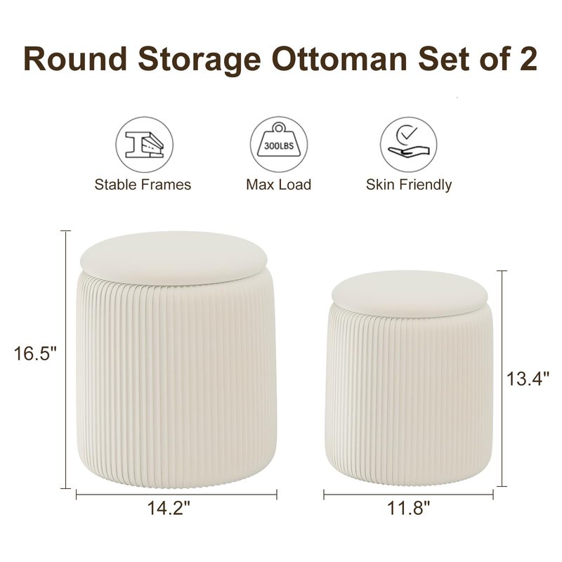 Round Ottoman with Storage Set of 2, White Vanity Stool, Upholstered Velvet Storage Ottomans, Makeup Chair Seat for Bedroom, Small Pouf Footstool for Living Room