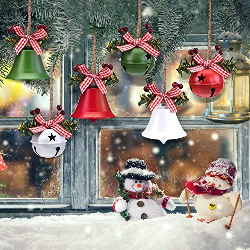 6 Pcs Christmas Bell Ornaments with Holly Berry Bows for Tree Decor