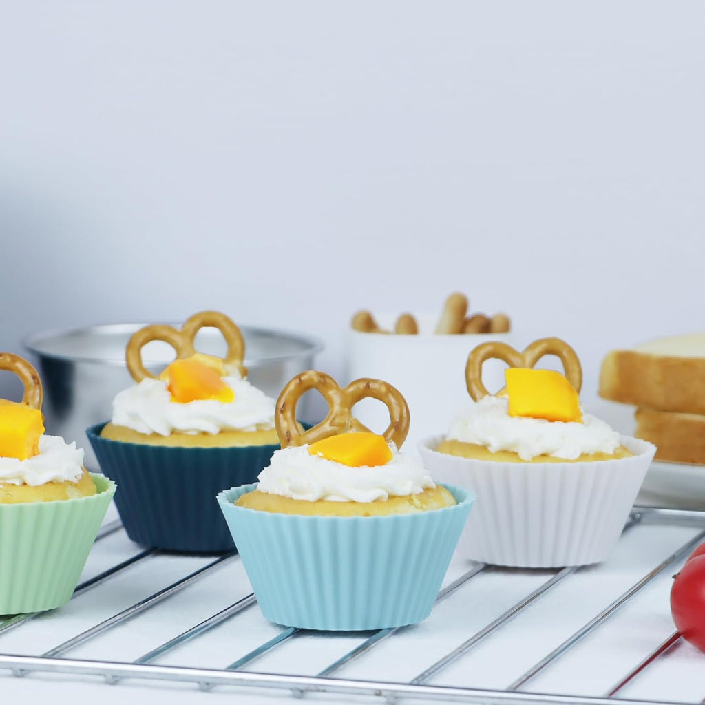 Skiennix Silicone Baking Muffin Cups - 12 Pack Reusable Cupcake Liners | BPA Free, Dishwasher Safe (White, Green, Navy, Dusty Blue)