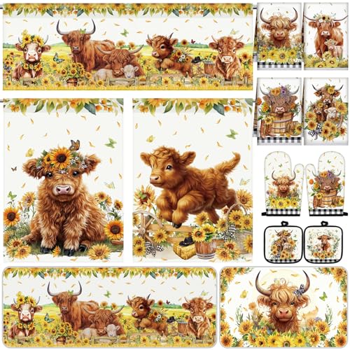 13-Piece Sunflower Highland Cow Kitchen Decor Set with Curtains and Rugs