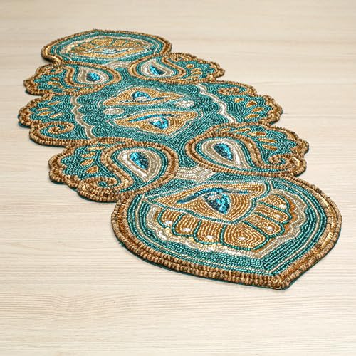Lightnpro Teal Gold Beaded Paisley Table Runner 13x36 Christmas Decor