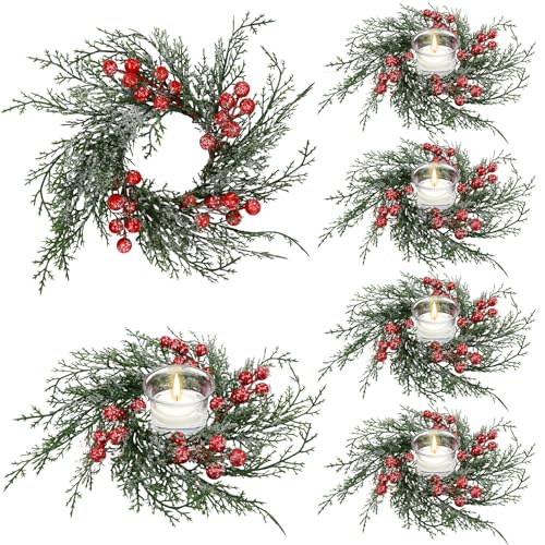 Set of 6 Christmas Candle Ring Wreaths with Red Berries & Snowy Pine