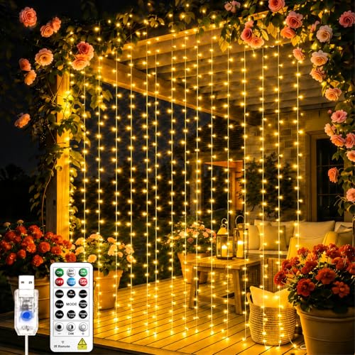 SINAMER LED Curtain String Lights 6.6x6.6ft USB Warm White