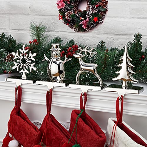 Set of 4 Metallic Christmas Stocking Holders for Mantel, Silver