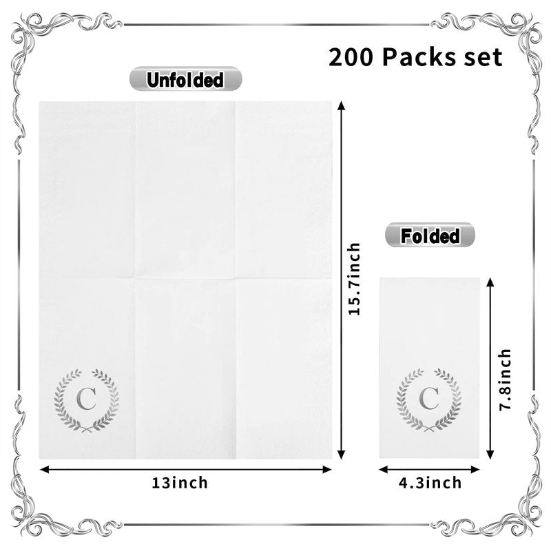 200 Pack Monogrammed Disposable Napkins Silver Foil Letter C Guest Napkins Initial Disposable Hand Paper Towels for Wedding Engagement Baby Shower Party Home Kitchen Bathroom Dinner Decorative Towels