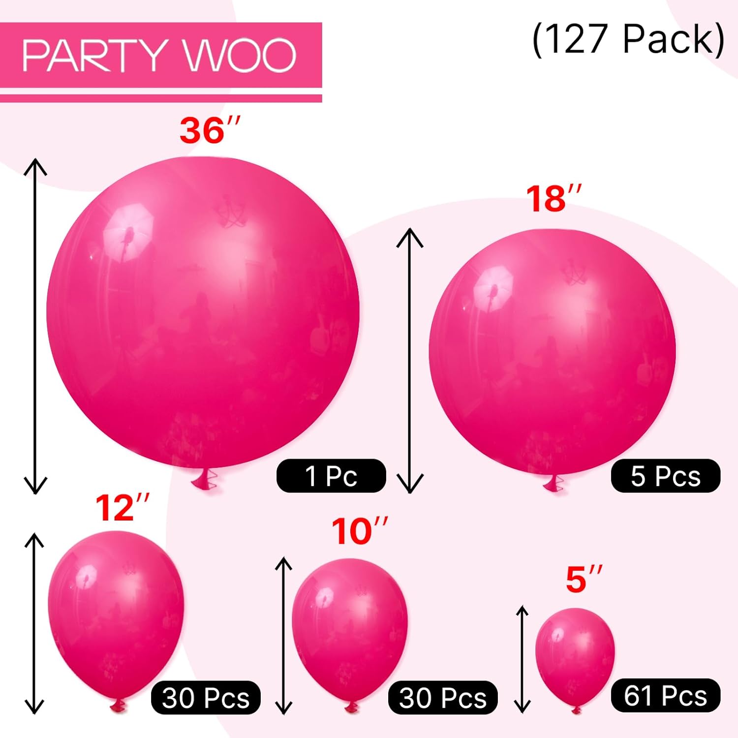 PartyWoo Hot Pink Balloon Arch Kit - 127pcs in Various Sizes for Baby Shower & Birthday Decor | Magenta Fuchsia