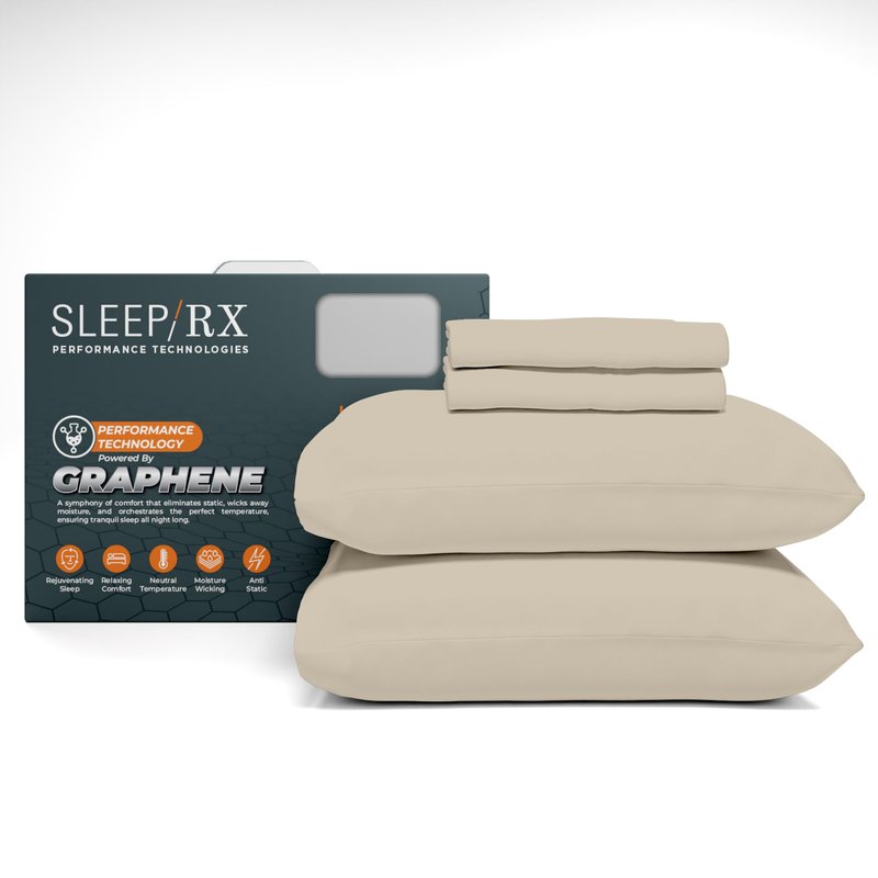 SleepRX 100% Cotton Sateen Sheets - 400 Thread Count, 4-Piece Queen Bed Sheet Set Sand | Super Soft, Cool Touch, Durable, Graphene-Infused Deep Pocket Sheets | Flat Sheet, Fitted Sheet & 2 Pillowcases