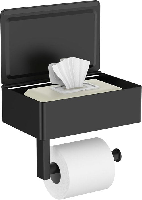 FORIOUS Toilet Paper Holder - Wall-Mounted Storage with Shelf & Tampon Receptacle | Matte Black
