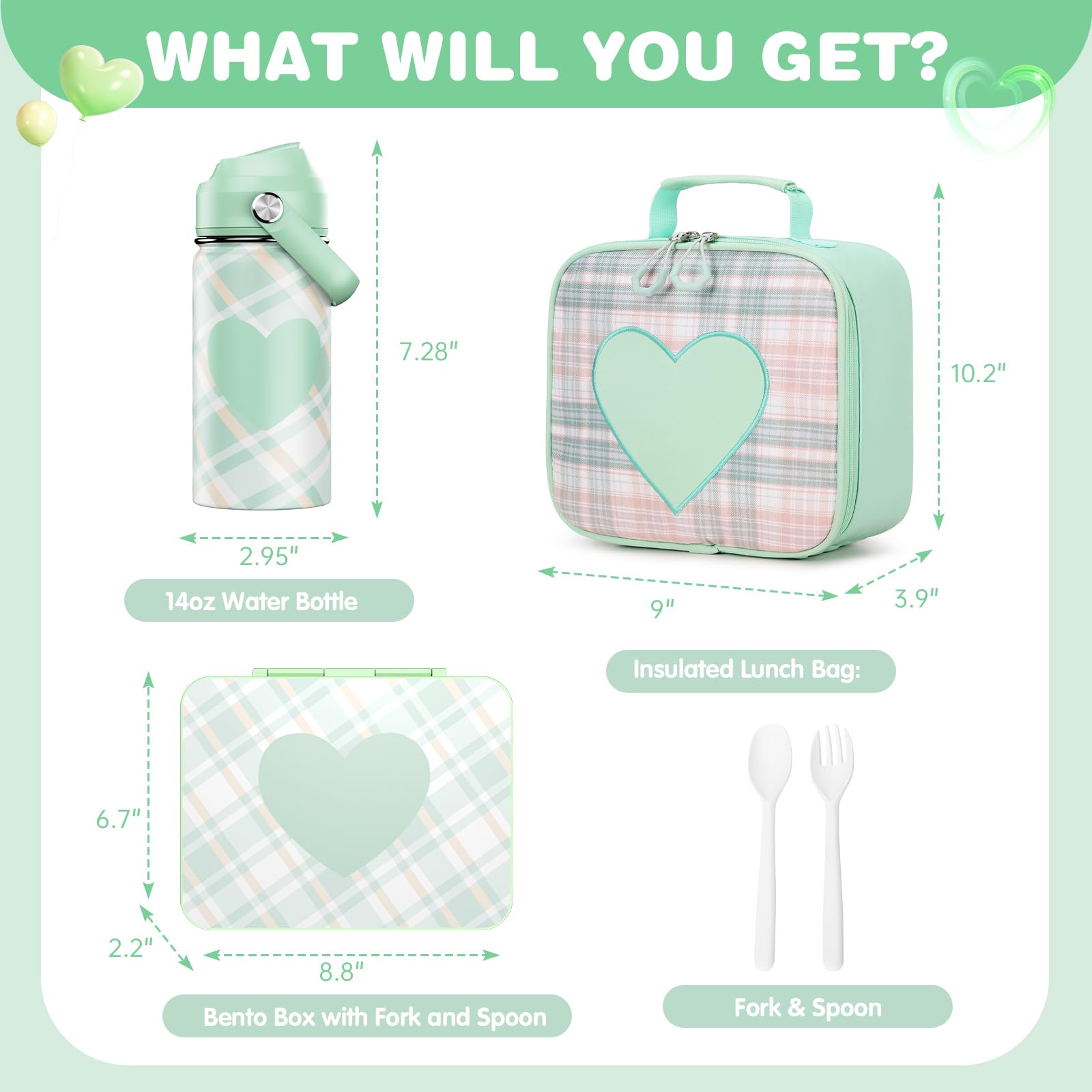 Bevalsa Bento Box for School Kids with Insulated Water Bottle Set - 43oz Lunch Containers Lunchbox Bento Box, 14oz Termos Kids Water Bottle, Lunch Bag for School Girls Kid Student (Green Plaid)