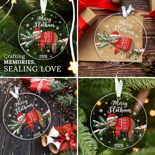 HEXMOZ Sloth Christmas Ornament 2026 – Acrylic Sloth Ornament, 3.5" with Giftable Packaging (Variation: Sloth 2)
