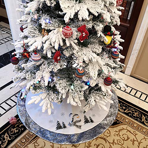 WEWILL 48'' Large Luxury Snowman Christmas Tree Skirt with Satin Border Embroidered Snowflakes