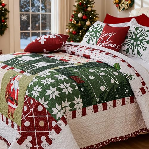 King Size 5-Piece Christmas Quilt Set Reversible Santa Reindeer Snowflake Bedding