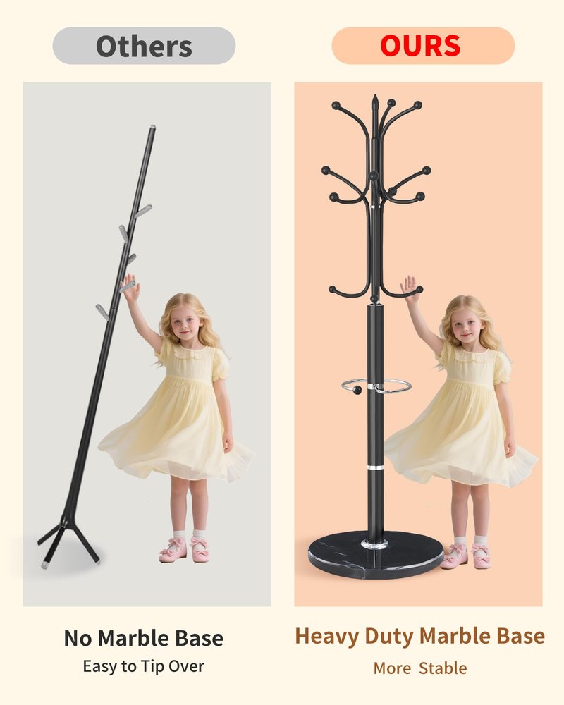 ZIECUKU Metal Coat Rack with Natural Marble Base, Coat Rack Stand with 12 Hooks & Umbrella Holder, Black Modern Freestanging Coat Racks, Coat Jacket Hanger Tree Stand for Corner Entryway Office