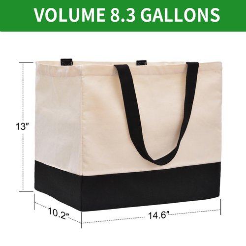 3 Pack Canvas Reusable Grocery Bags Heavy Duty, 8.3 gal Foldable Large Canvas Tote Bag with Handles, Holds 60 lbs Canvas Shopping Bags & Washable Eco-friendly Bags with 5 Pockets, Off white Black