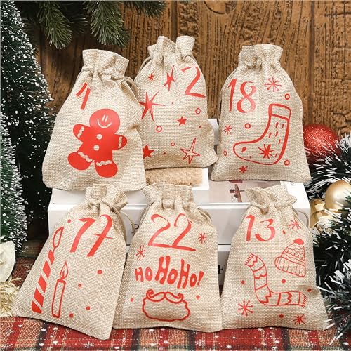 Golibra Red Christmas Advent Calendar Bags - 24 Count Holiday Countdown Decor