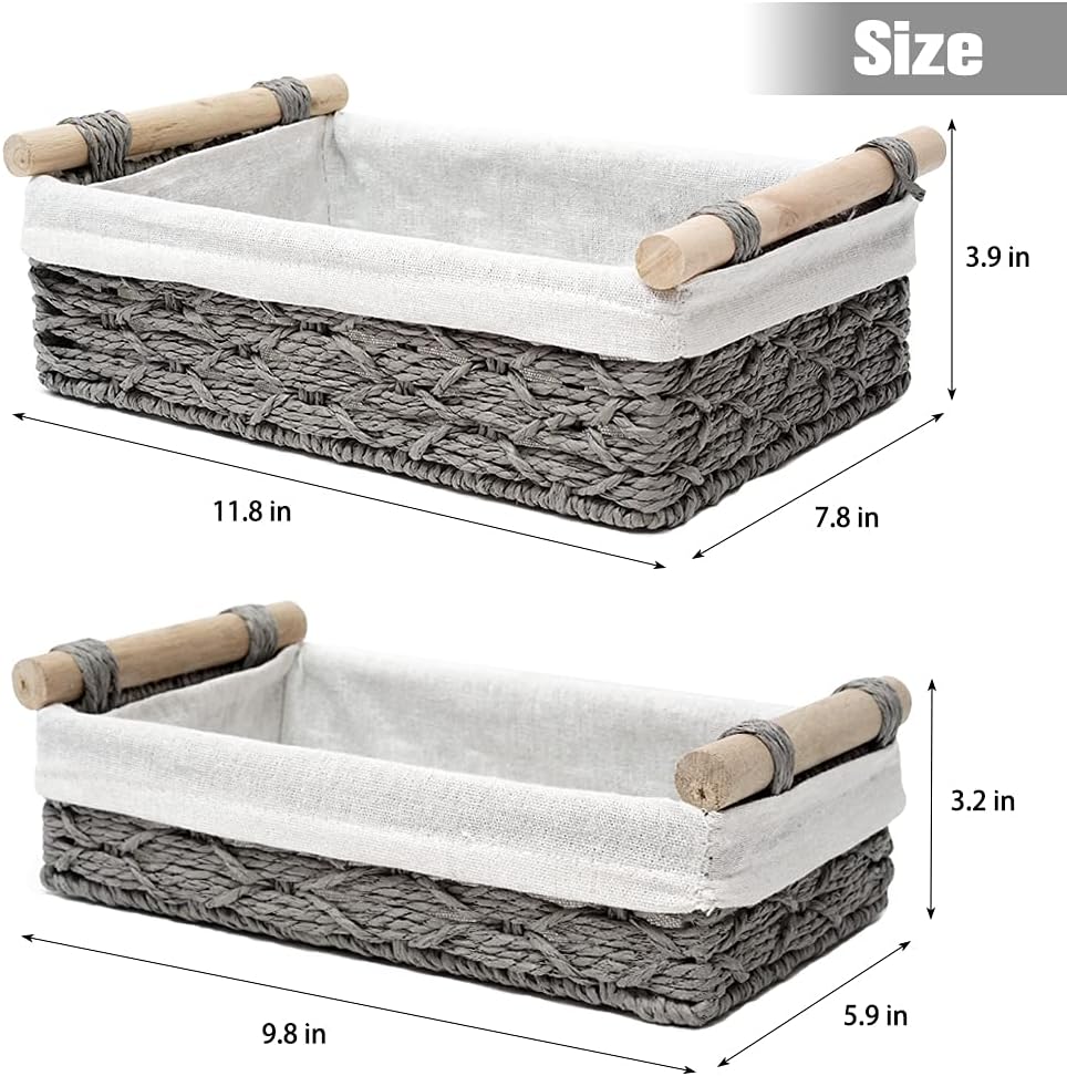 Storage Basket Set of 2 - Wicker Baskets for Organizing Counter & Toilet Paper - Grey