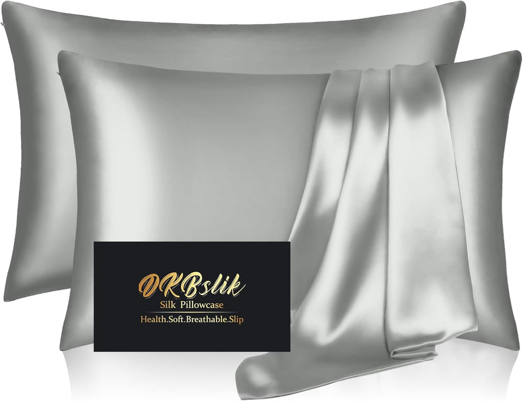 Mulberry Silk Pillowcases by Skiennix - Smooth & Anti-Acne Standard Set of 2 | Silver Grey with Zipper
