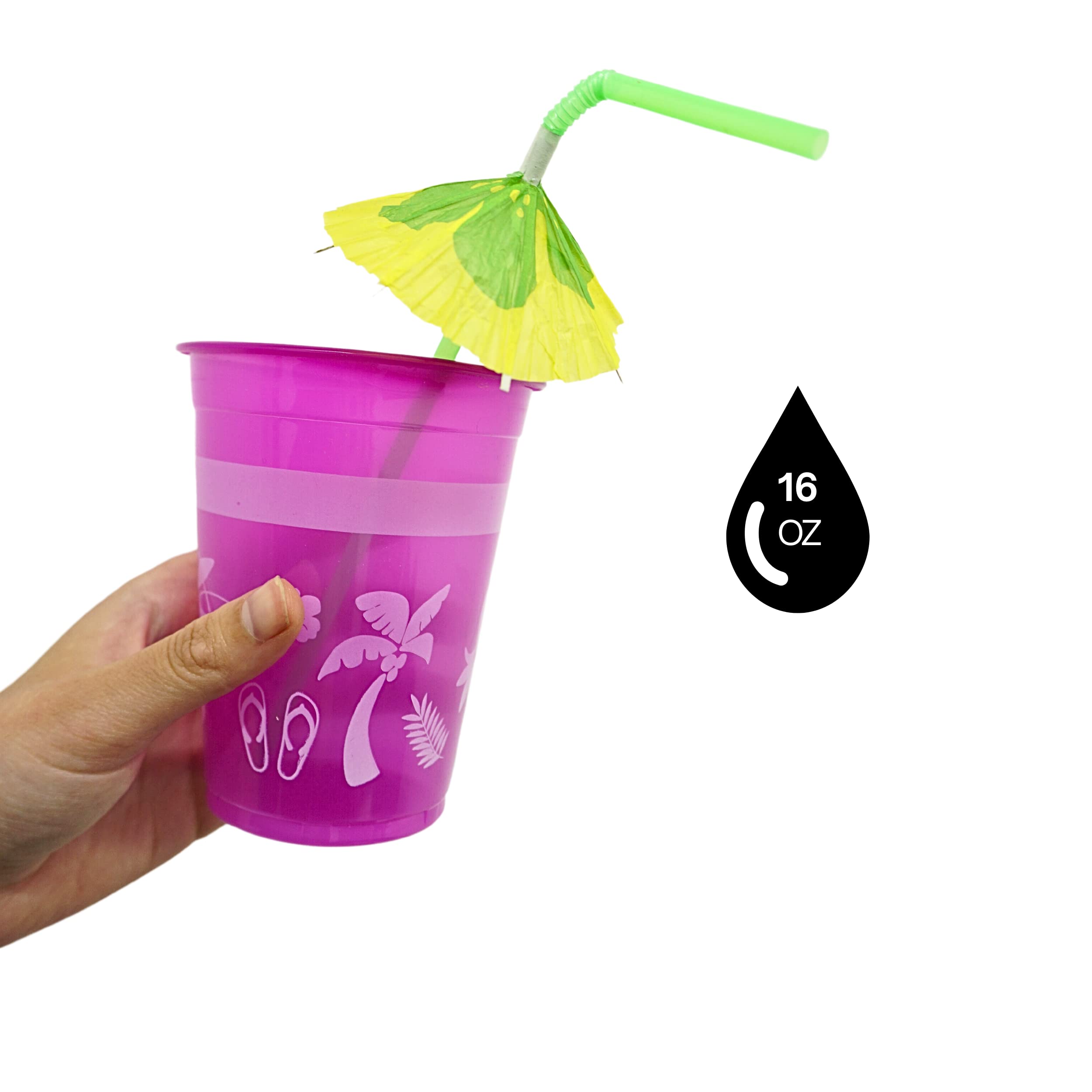 4E's Novelty 48 Packs Tropical Party Cups with Parasol Straws - Disposable Plastic Cups 16oz BPA free, for Hawaiian Luau Party and Pool Parties, Beach Theme Birthday Decorations for Kids & Adults