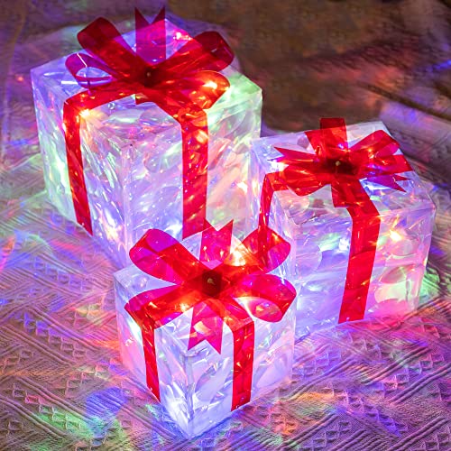 Hourleey Set of 3 Christmas Lighted Gift Boxes - Pre-lit Outdoor Indoor Holiday Decor