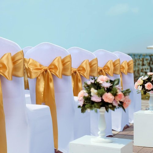 Babenest Satin Chair Sashes - 50 Pcs Upgraded Ribbons & Bows for Weddings, Parties & Events | Gold