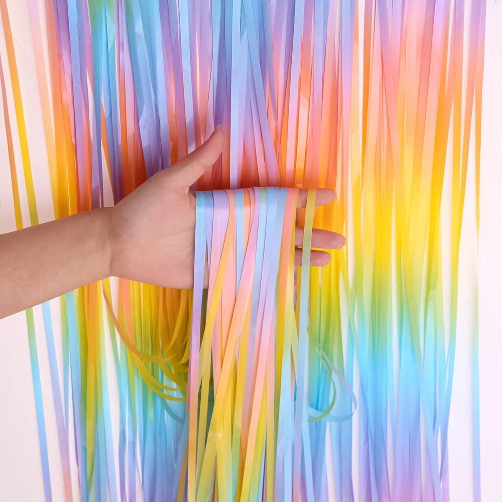 Skiennix Fringe Curtains - Tinsel Backdrop for Parties | 3 Pack Macaroon Rainbow Decorations