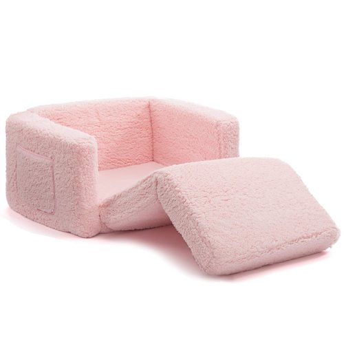 ALIMORDEN 2-in-1 Flip Out Cuddly Sherpa Toddler Couch Convertible Sofa to Lounger, Pink