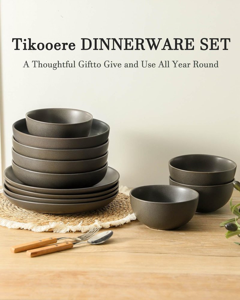 Tikooere Plates and Bowls Sets, 12-Pieces Stoneware Dinnerware Set Ceramic, Matte Black Dishes Set for 4, Scratch Resistant, Microwave and Dishwasher Safe Tableware, Porcelain