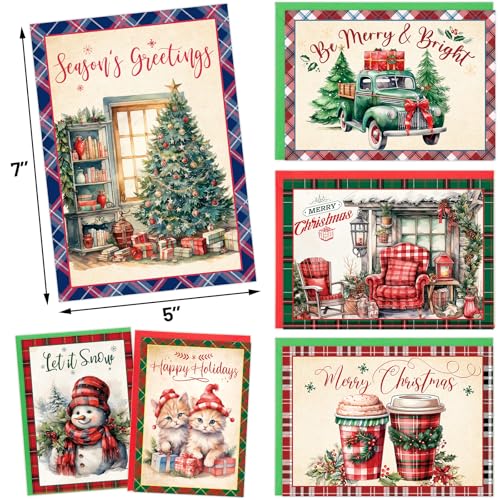 Vintage Christmas Cards with Envelopes - 12 Plaid Retro Holiday Note Cards