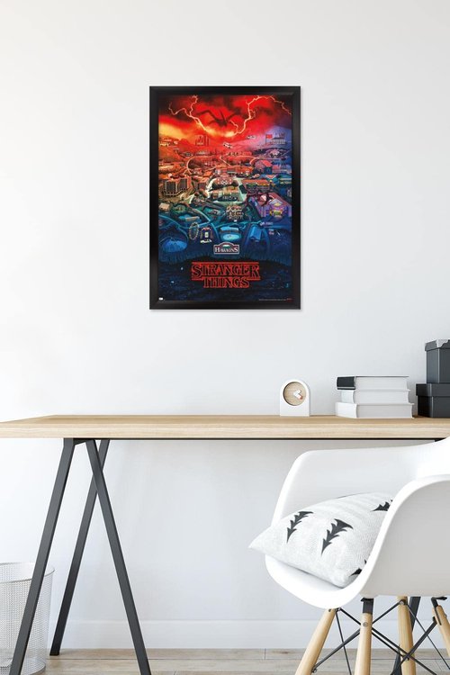 Trends International Netflix Stranger Things: Season 4 - Hawkins, Indiana Wall Poster, 14.725" x 22.375", Black Framed Version