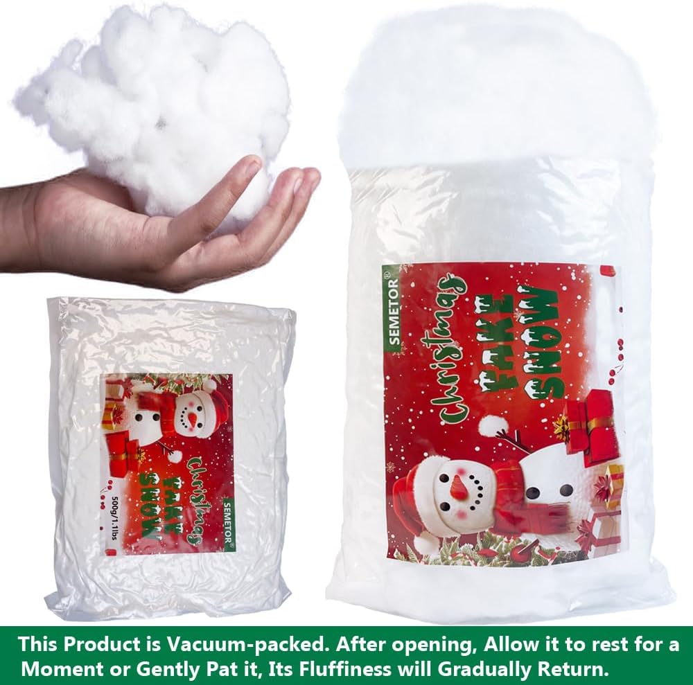Skiennix Christmas Fake Snow Decor - 1LB Flame-Resistant & Hypoallergenic Artificial Snow Cotton | Easy Fluffing for Holiday Displays