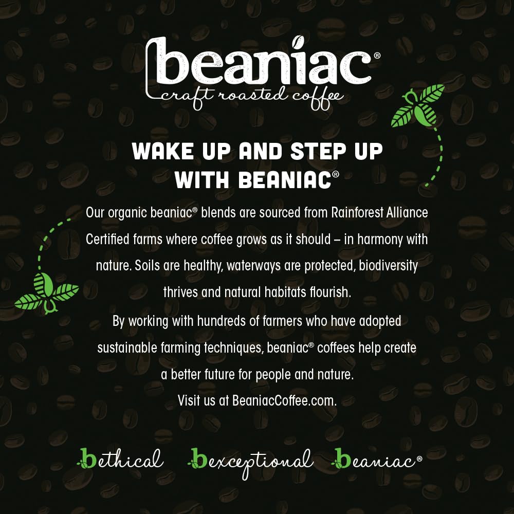 beaniac Organic Full On French Roast, Dark Roast, Single Serve Compostable K Cup Coffee Pods, Organic Arabica Coffee, Keurig Brewer Compatible, 72 Count