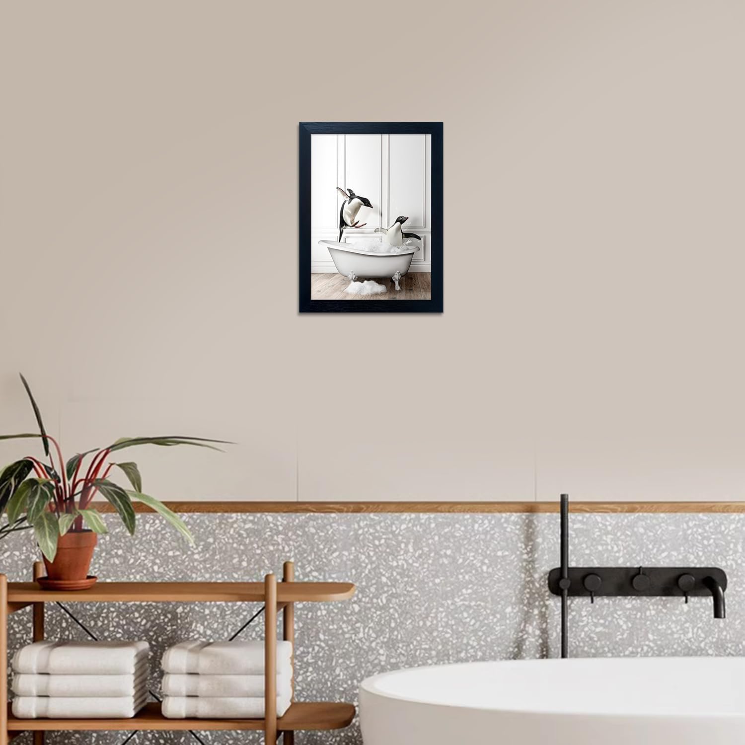 Skiennix Kids Bathroom Wall Art - Framed Black and White Penguin Print | Cute Farmhouse Decor