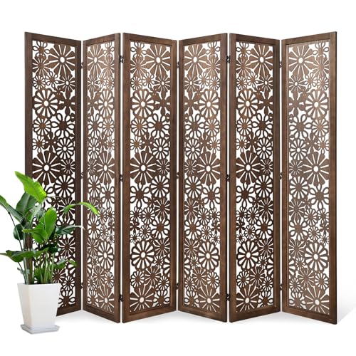 6-Panel Folding Wood Room Divider, 5.6ft Tall Daisy-Carved Privacy Screen