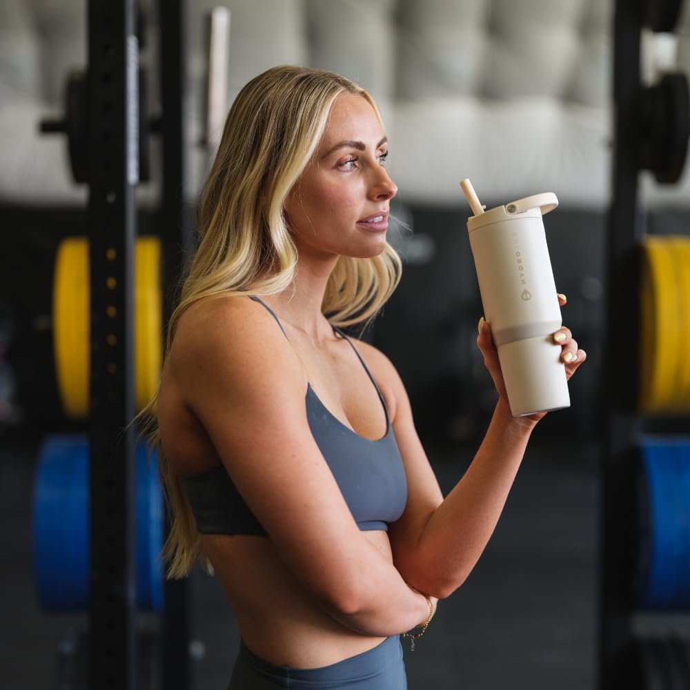 HydroJug Sport - Stainless Steel Tumbler with Straw, Vacuum Insulated, 20oz Leakproof Water Bottle, Ergonomic Design, Reusable, Dishwasher Safe, Rubber Base, Durable for Gym or Outdoors, Cream