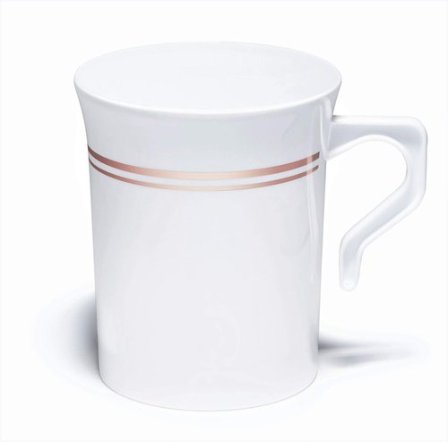 " OCCASIONS " 40 Pack, Heavyweight Disposable Wedding Party Plastic 8 oz Coffee Mugs for Tea/Cappuccino/Espresso with Handles (8 oz Mugs, White & Rose Gold Rim)