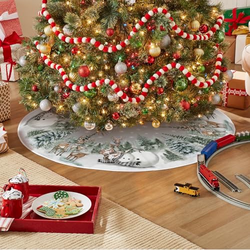 36-Inch Christmas Tree Skirt with Snowman & Reindeer Pattern, Rope Ties
