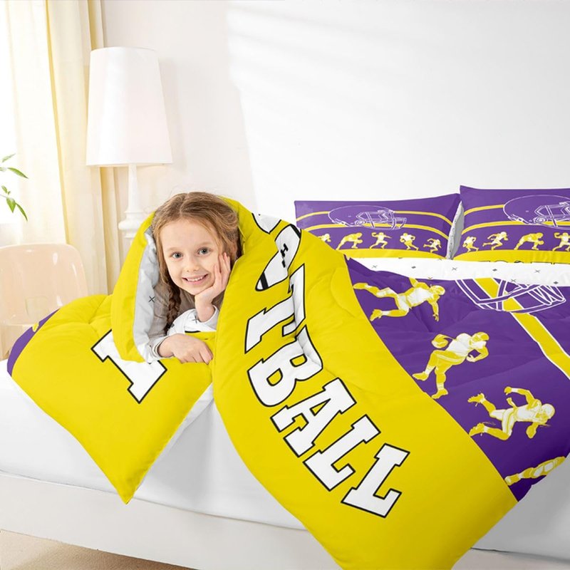 Erosebridal American Football Comforter Twin Size,Football Bedding Set for Kids Boys Girls,Purple Yellow Sports Comforter Sets,Football City Team Duvet Insert with 1 Pillowcase(Minnesota)