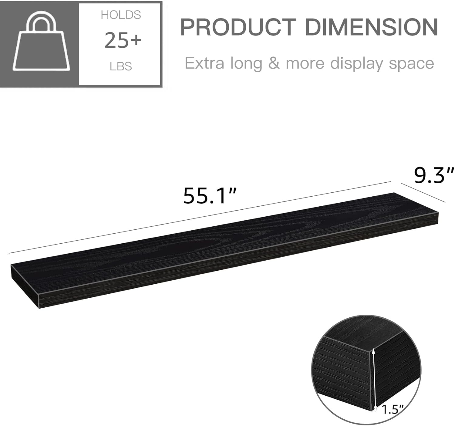 QEEIG Floating Wall Shelves - Extra Long 55.1" Set of 2 for Bathroom, Kitchen, Living Room | Black Home Decor