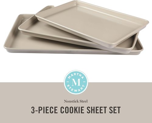 Martha Stewart Gallen 3-Piece Cookie Sheet Set - Nonstick Ceramic Baking Pans, Oven Safe to 450°F, Taupe
