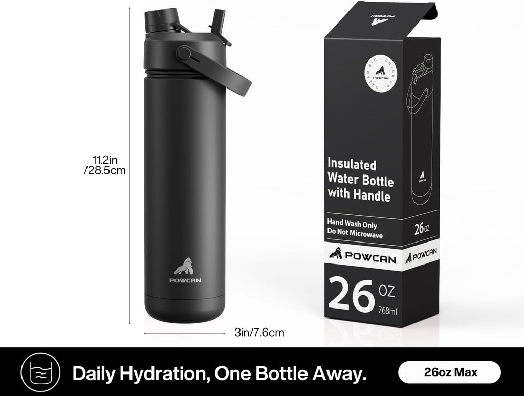 POWCAN 26 oz Insulated Water Bottle - 2-in-1 Straw & Spout Lid, Leak-Proof, Fits Car Cup Holder | Dark Knight
