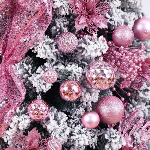 Jorysics Pink 36pc Shatterproof Christmas Ball Ornaments with Hanging Loop – 6 Styles in 3 Sizes