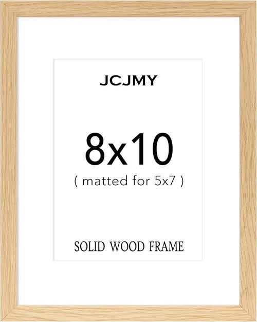 JCJMY 8x10 Solid Wood Picture Frame - Display 5x7 with Mat or 8x10 Without Mat, Natural Finish