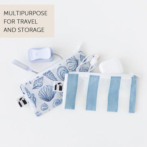 Bumkins Roamio Reusable Snack Bags, for Kids School Lunch and for Adults Portion, Washable Fabric, Waterproof Cloth Zip Bag, Pack Travel Pouch, Food-Safe Storage, 2-pk Nautical Stripe and Blue Shells