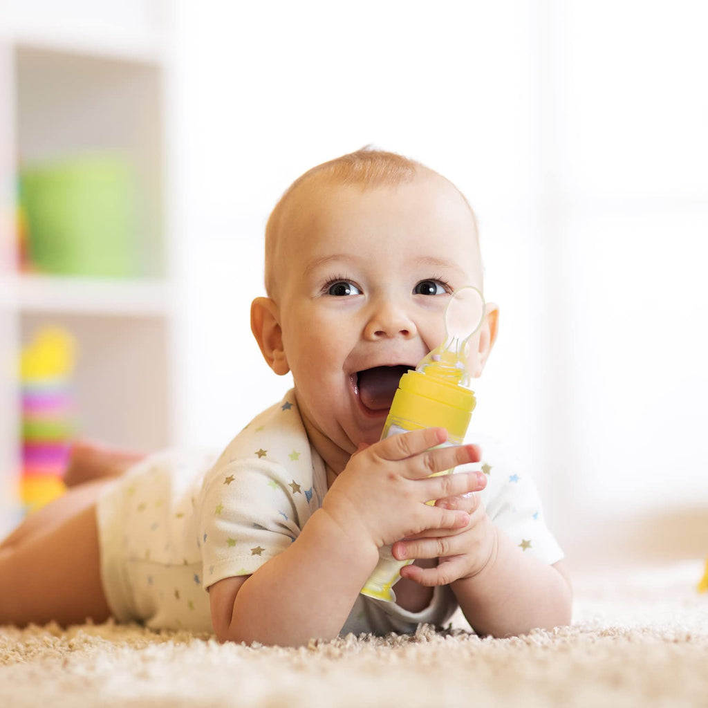 2 Pieces Silicone Baby Spoons Baby Feeding Spoon with Standing Base for Infant 0-24 Months Dispensing and Feeding (Yellow)