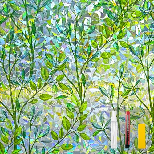 Rainbow Leaf Window Privacy Film - Decorative Non-Adhesive Clings (17.5 x 78.7 in)