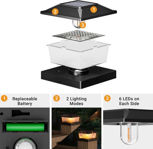 Btfarm Solar Flame Post Cap Lights - Waterproof Flickering 4x4 Outdoor Lighting | 4 Pack, Black