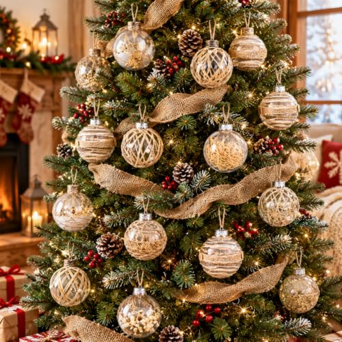Hollowfly 28 Pcs Burlap Christmas Ornaments - Cute Style Farmhouse Rustic Ball Decor