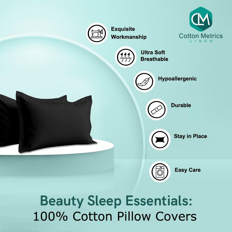Cotton Metrics Linen 2 Pack Pillow Shams Queen Size 20x30 – 600 Thread Count 100% Organic Cotton Black Pillow Covers with 2 Inch Flange, Soft & Smooth Premium Hotel-Quality Pillowcases Set of 2