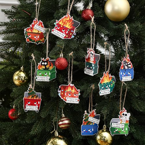 Syhood 10pcs Christmas Dumpster Fire Ornaments - Funny Wooden Holiday Decor