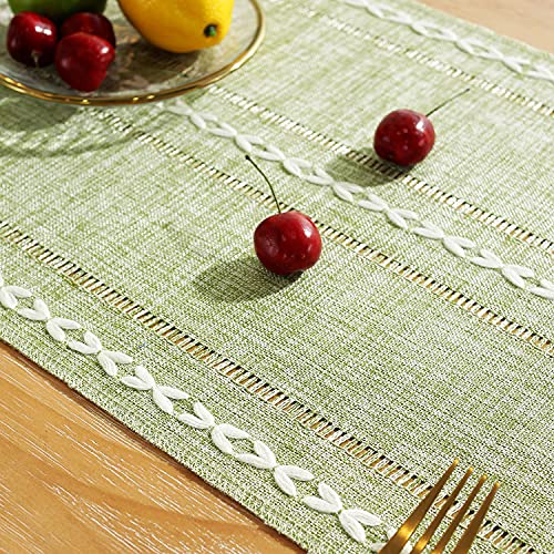Chassic Hemstitched Sage Green 13"W x 48"L Linen Table Runner - Rustic Farmhouse, Tassel Embroidered